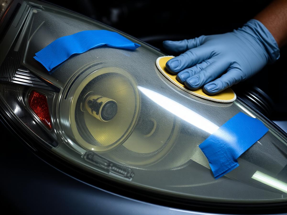 Gloved hands refinishing a masked, oxidized headlight lens